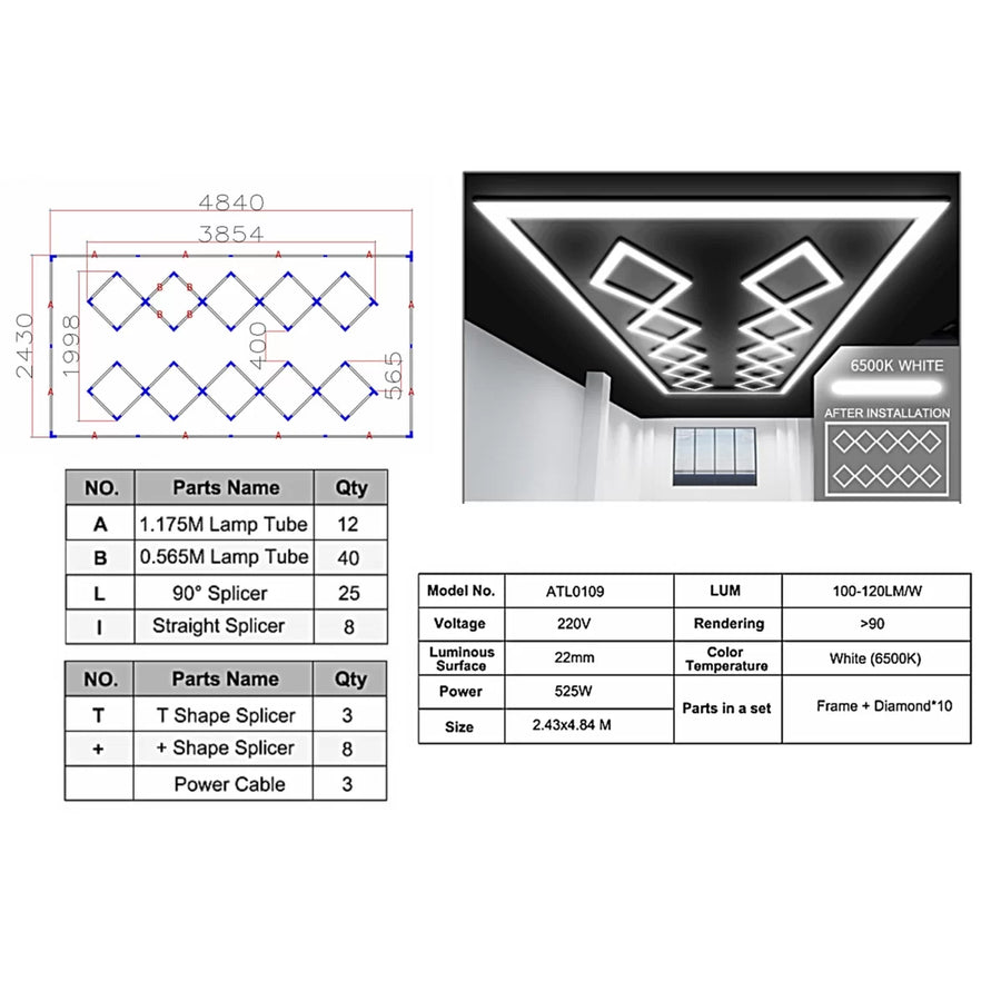 10 Square Ceiling LED Light System 4.84 x 2.43 m 6500K – product image 1