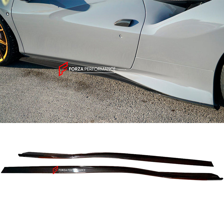 Buy Now CARBON SIDE SKIRTS for FERRARI F8 TRIBUTO SPIDER 2019 - 2023 and upgrade car parts from SIR Tuning at the Best Price. Headlights, Tail lights, Bodykits, Navigations, body kit and more - Fast & Free Shipping within Europe, US & Worldwide.