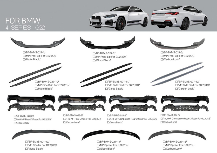 Buy Now BODY KIT PARTS for BMW 4 SERIES G22 2020+ and upgrade car parts from SIR Tuning at the Best Price. Headlights, Tail lights, Bodykits, Navigations, body kit and more - Fast & Free Shipping within Europe, US & Worldwide.