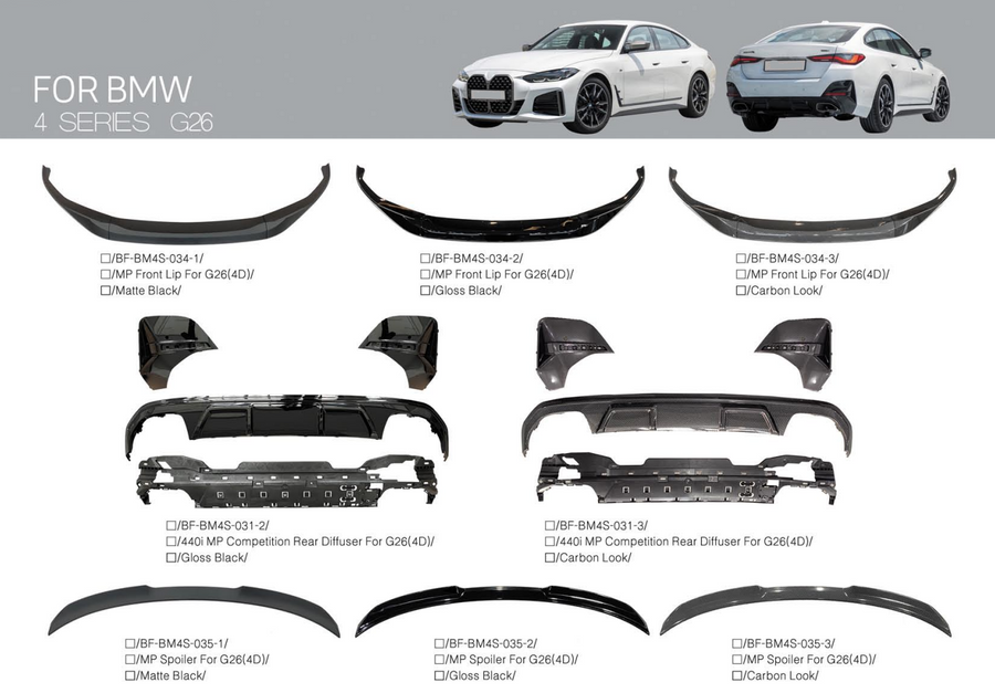 Buy Now BODY KIT PARTS for BMW 4 SERIES G26 2020+ and upgrade car parts from SIR Tuning at the Best Price. Headlights, Tail lights, Bodykits, Navigations, body kit and more - Fast & Free Shipping within Europe, US & Worldwide.