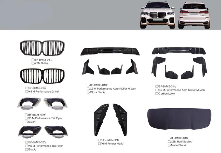 Buy Now BODY KIT for BMW X5 G05 X5M Grille, X5 M-Performance Tail Pipe 2018+ and upgrade car parts from SIR Tuning at the Best Price. Headlights, Tail lights, Bodykits, Navigations, body kit and more - Fast & Free Shipping within Europe, US & Worldwide.