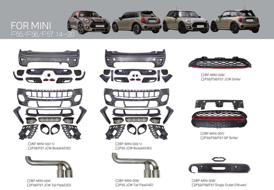 Buy Now BODY KIT for MINI F55/F56/F57 2014 - 2020 and upgrade car parts from SIR Tuning at the Best Price. Headlights, Tail lights, Bodykits, Navigations, body kit and more - Fast & Free Shipping within Europe, US & Worldwide.