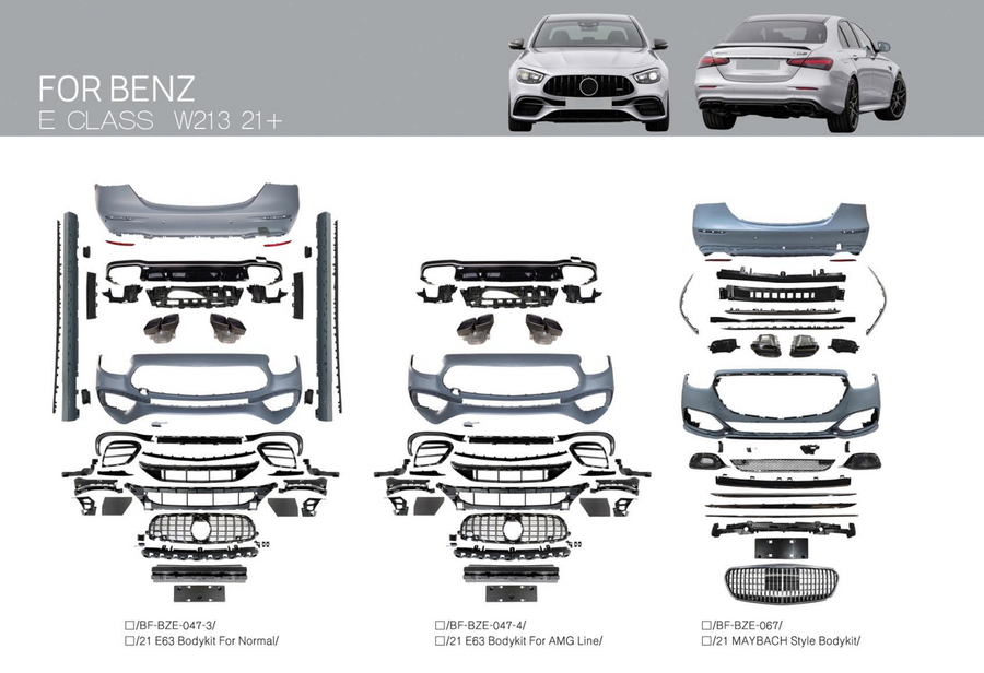 Buy Now CONVERISON BODY KIT for MERCEDES-BENZ E-CLASS W213 2021+ UPGRADE to E63 FACELIFT and upgrade car parts from SIR Tuning at the Best Price. Headlights, Tail lights, Bodykits, Navigations, body kit and more - Fast & Free Shipping within Europe, US & Worldwide.