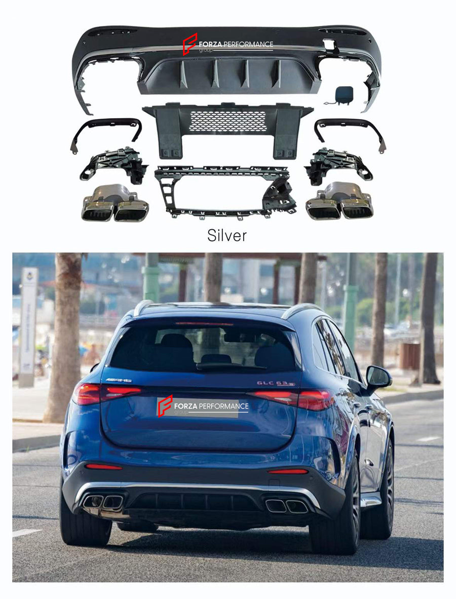 Buy Now REAR DIFFUSER WITH EXHAUST TIPS for MERCEDES-BENZ GLC-CLASS X254 2022+ | GLC63 AMG STYLE and upgrade car parts from SIR Tuning at the Best Price. Headlights, Tail lights, Bodykits, Navigations, body kit and more - Fast & Free Shipping within Europe, US & Worldwide.