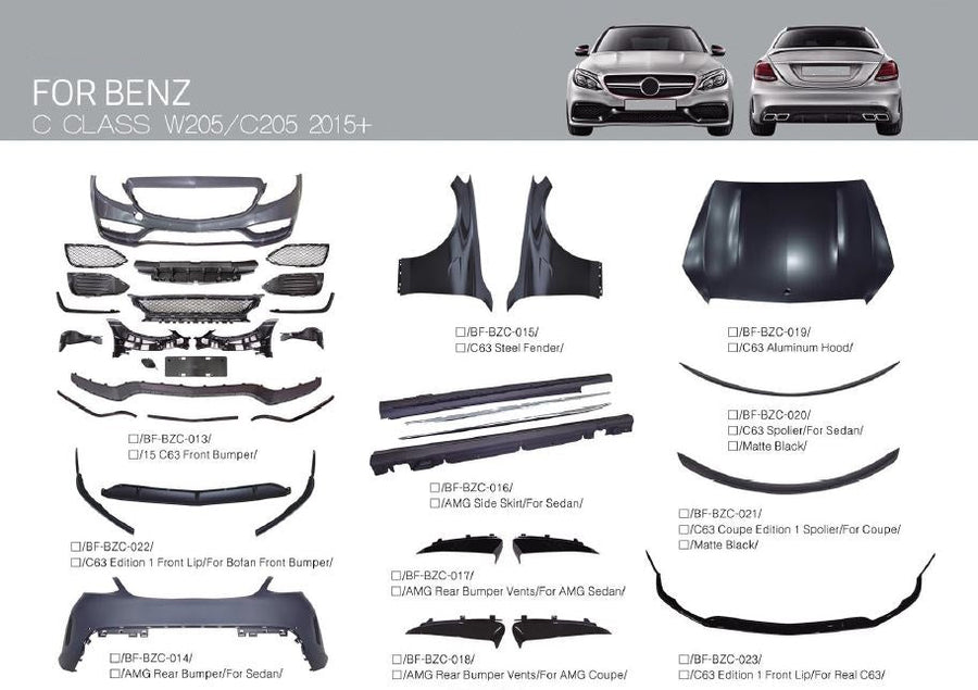 Buy Now CONVERSION FACELIFT BODY KIT FOR MERCEDES BENZ C-CLASS C200 C300 W205 2015-2023 upgrade to C63 AMG and upgrade car parts from SIR Tuning at the Best Price. Headlights, Tail lights, Bodykits, Navigations, body kit and more - Fast & Free Shipping within Europe, US & Worldwide.