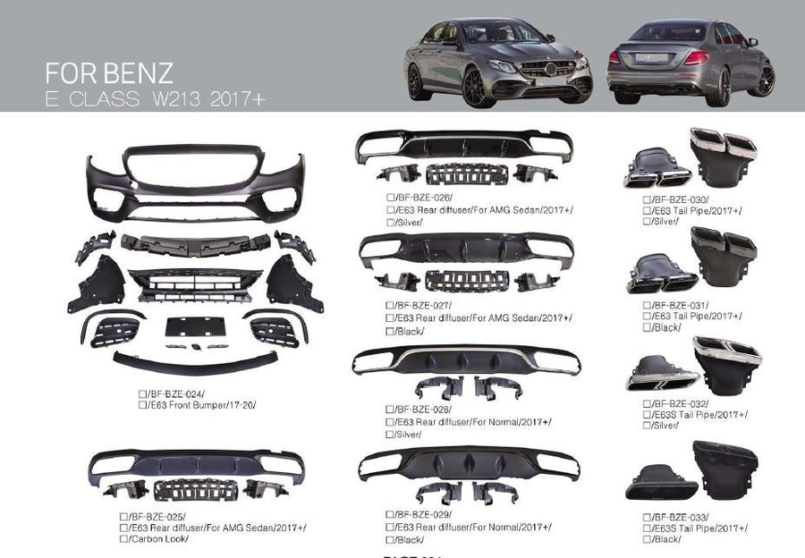 Buy Now CONVERSION BODY KIT for MERCEDES-BENZ E-CLASS W213 2017+ to E63 AMG and upgrade car parts from SIR Tuning at the Best Price. Headlights, Tail lights, Bodykits, Navigations, body kit and more - Fast & Free Shipping within Europe, US & Worldwide.
