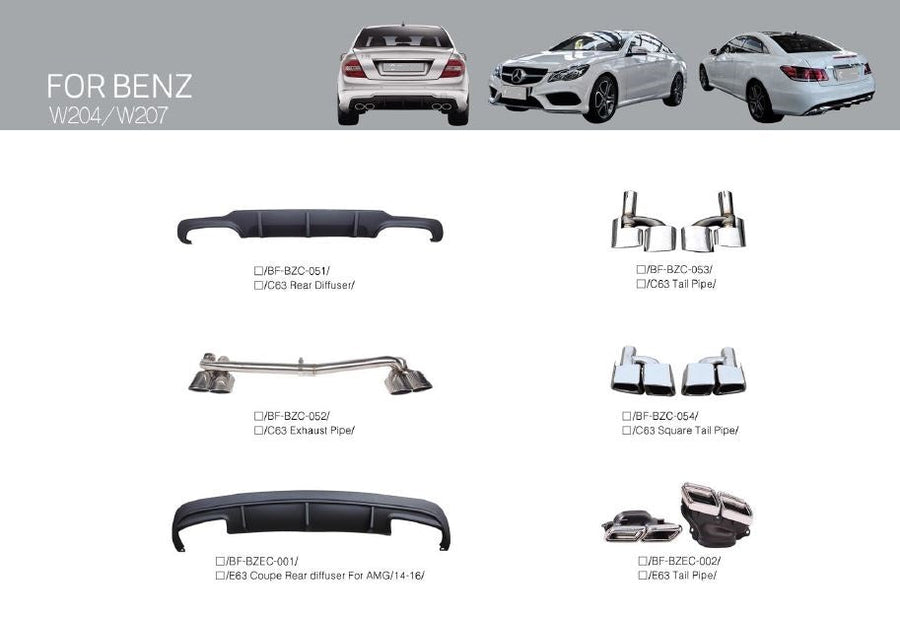 Buy Now REAR DIFFUSER WITH EXHAUST TIPS for MERCEDES-BENZ C-CLASS W204 / W207 C63 E63 2011 - 2017 and upgrade car parts from SIR Tuning at the Best Price. Headlights, Tail lights, Bodykits, Navigations, body kit and more - Fast & Free Shipping within Europe, US & Worldwide.