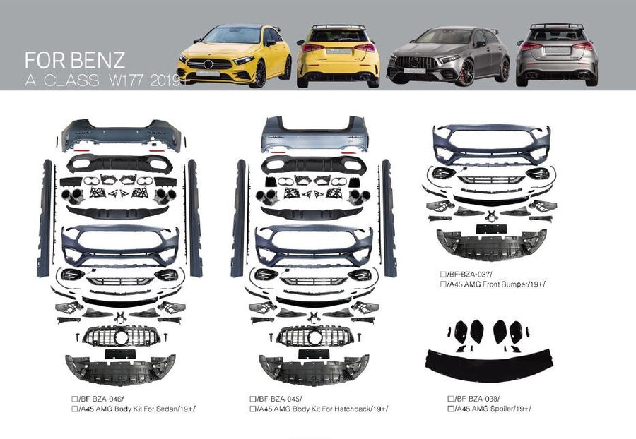 Buy Now CONVERSION BODY KIT for MERCEDES BENZ A200 A232 ALL MODELS W177 into A45 AMG W177 2019 - 2025 and upgrade car parts from SIR Tuning at the Best Price. Headlights, Tail lights, Bodykits, Navigations, body kit and more - Fast & Free Shipping within Europe, US & Worldwide.