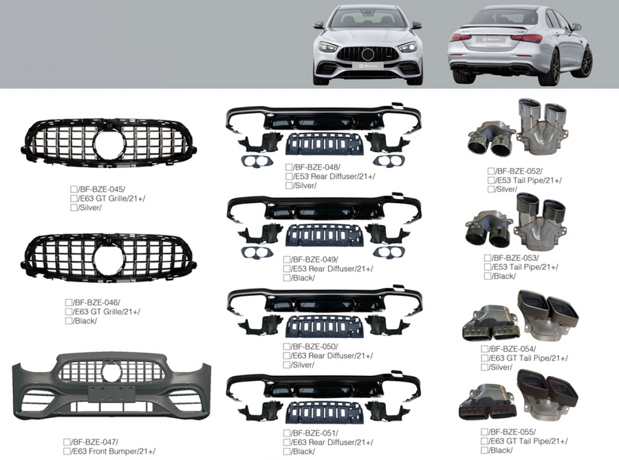 Buy Now BODY KIT for MERCEDES-BENZ E-CLASS W213 2021+ and upgrade car parts from SIR Tuning at the Best Price. Headlights, Tail lights, Bodykits, Navigations, body kit and more - Fast & Free Shipping within Europe, US & Worldwide.