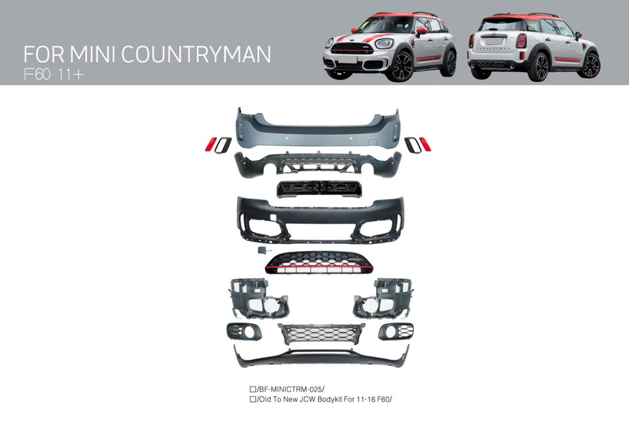 Buy Now OLD TO NEW JCW BODY KIT for MINI COUNTRYMAN F60 2011 - 2016 and upgrade car parts from SIR Tuning at the Best Price. Headlights, Tail lights, Bodykits, Navigations, body kit and more - Fast & Free Shipping within Europe, US & Worldwide.
