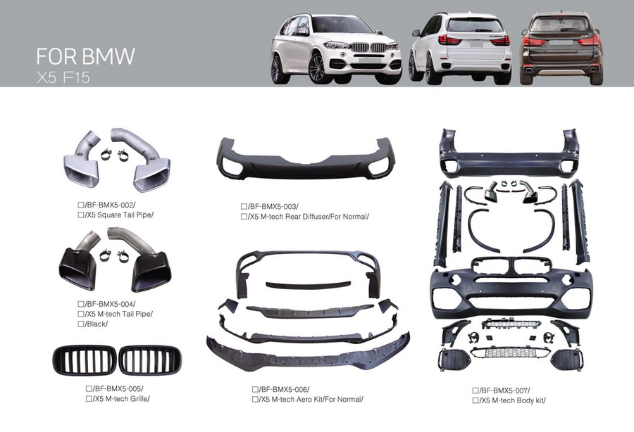 Buy Now BODY KIT for BMW X5 F15 2013 - 2018 X5 M-TECH and upgrade car parts from SIR Tuning at the Best Price. Headlights, Tail lights, Bodykits, Navigations, body kit and more - Fast & Free Shipping within Europe, US & Worldwide.