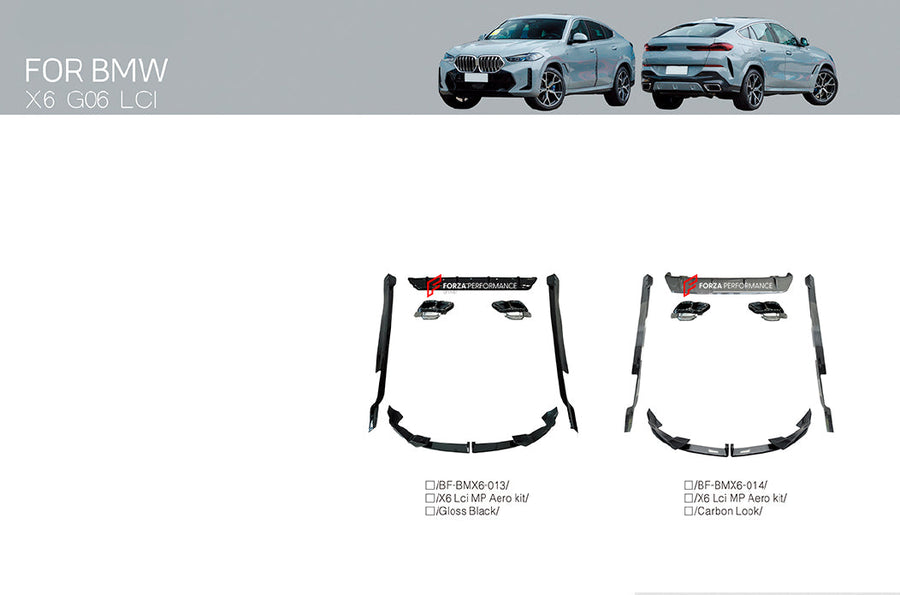 Buy Now AERO KIT for BMW X6 G06 LCI FACELIFT 2023+ MP STYLE and upgrade car parts from SIR Tuning at the Best Price. Headlights, Tail lights, Bodykits, Navigations, body kit and more - Fast & Free Shipping within Europe, US & Worldwide.