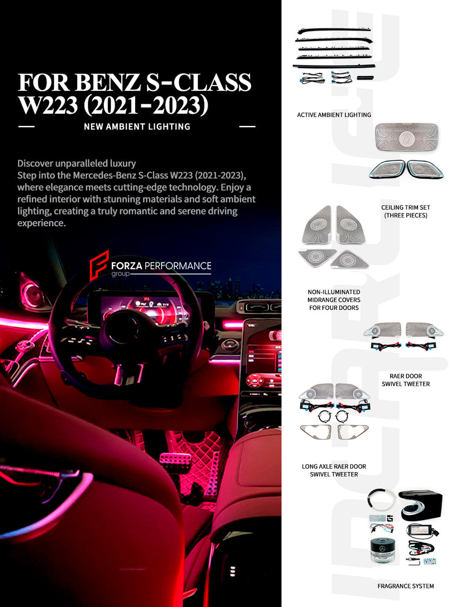 Buy Now AMBIENT LIGHTS MIDRANGE COVERS FRAGRANCE SYSTEM WITH PIANO BLACK BRUSHED TRIM for MERCEDES-BENZ S CLASS W223 2020+ and upgrade car parts from SIR Tuning at the Best Price. Headlights, Tail lights, Bodykits, Navigations, body kit and more - Fast & Free Shipping within Europe, US & Worldwide.