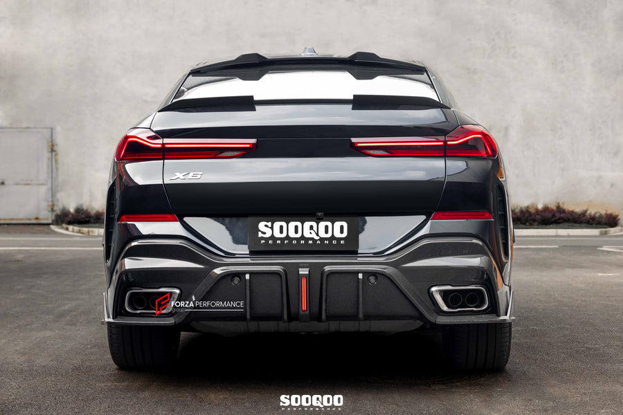 Buy Now AUTHENTIC SOOQOO DRY CARBON REAR DIFFUSER with BRAKE LIGHTS for BMW X6 G06 2020+ and upgrade car parts from SIR Tuning at the Best Price. Headlights, Tail lights, Bodykits, Navigations, Carbon body kit and more - Fast & Free Shipping within Europe, US & Worldwide.
