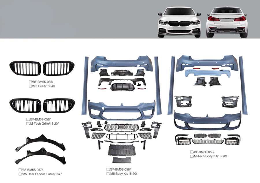 Buy Now BODY KIT for BMW 5 SERIES G30 M5 GRILLE M-TECH GRILLE M5 REAR FENDER FLARES 2017 - 20 and upgrade car parts from SIR Tuning at the Best Price. Headlights, Tail lights, Bodykits, Navigations, body kit and more - Fast & Free Shipping within Europe, US & Worldwide.
