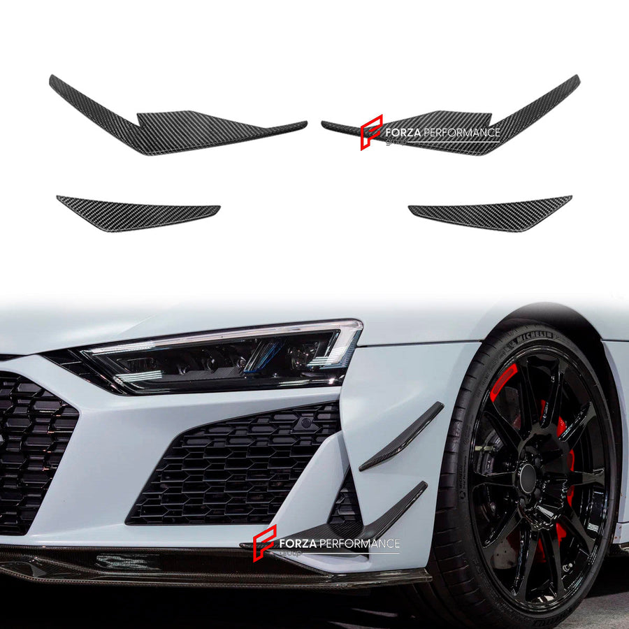 Buy Now CARBON FRONT BUMPER CANARDS for AUDI R8 V8 V10 Coupe Spyder 2019+ and upgrade car parts from SIR Tuning at the Best Price. Headlights, Tail lights, Bodykits, Navigations, body kit and more - Fast & Free Shipping within Europe, US & Worldwide.