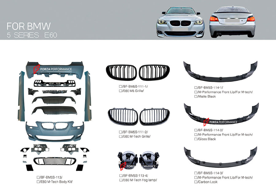 Buy Now CONVERSION BODY KIT PARTS for BMW 5 SERIES E60 FACELIFT 2007 - 2010 UPGRADE to M5 E60 2004 - 2010 GRILLE FOG LAMP FRONT LIP and upgrade car parts from SIR Tuning at the Best Price. Headlights, Tail lights, Bodykits, Navigations, body kit and more - Fast & Free Shipping within Europe, US & Worldwide.