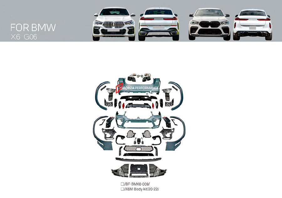 Buy Now CONVERSION BODY KIT for BMW X6 G06 2019 - 2023 UPGRADE to BMW X6 M F96 2020 - 2023 and upgrade car parts from SIR Tuning at the Best Price. Headlights, Tail lights, Bodykits, Navigations, body kit and more - Fast & Free Shipping within Europe, US & Worldwide.