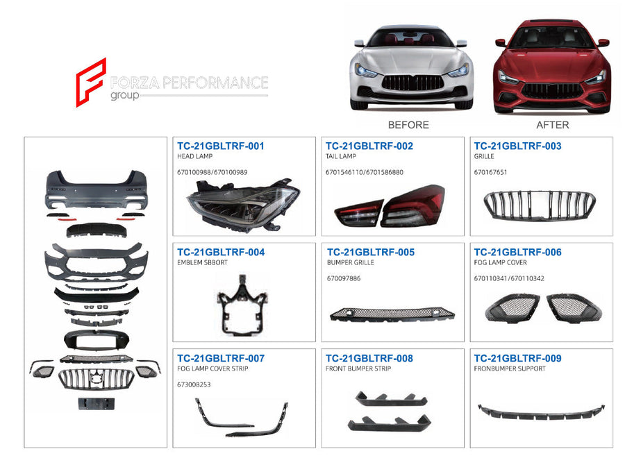 Buy Now CONVERSION BODY KIT MASERATI GHIBLI M157 2013 - 2020 to M157 FACELIFT 2020+ and upgrade car parts from SIR Tuning at the Best Price. Headlights, Tail lights, Bodykits, Navigations, Carbon body kit and more - Fast & Free Shipping within Europe, US & Worldwide.