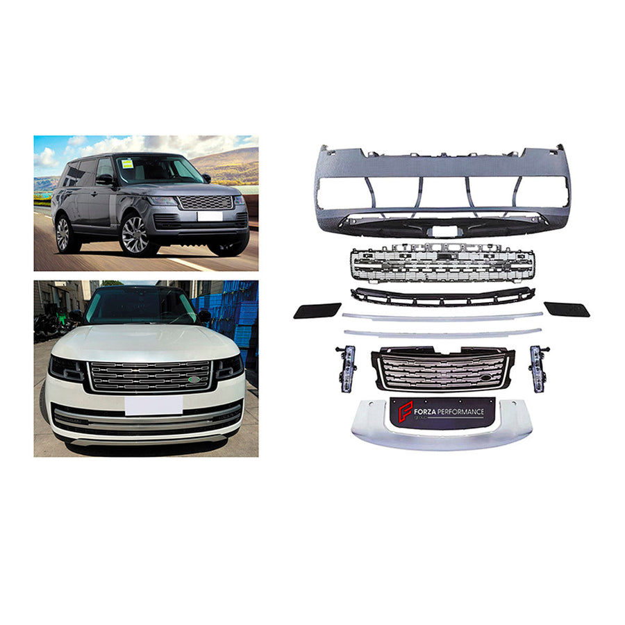 Buy Now CONVERSION FRONT BUMPER ASSEMBLY for LAND ROVER RANGE ROVER VOGUE 2018 - 2022 UPGRADE to VOGUE 2023+ and upgrade car parts from SIR Tuning at the Best Price. Headlights, Tail lights, Bodykits, Navigations, Body Kit and more - Fast & Free Shipping within Europe, US & Worldwide.