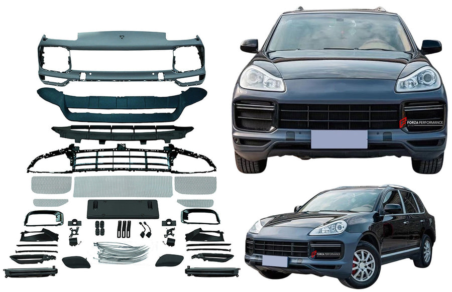 Buy Now CONVERSION FRONT BUMPER BODYKIT for PORSCHE CAYENNE E1 9PA 957 2007 - 2010 upgrade to 9Y0.1 TURBO 2018-2023 and upgrade car parts from SIR Tuning at the Best Price. Headlights, Tail lights, Bodykits, Navigations, body kit and more - Fast & Free Shipping within Europe, US & Worldwide.