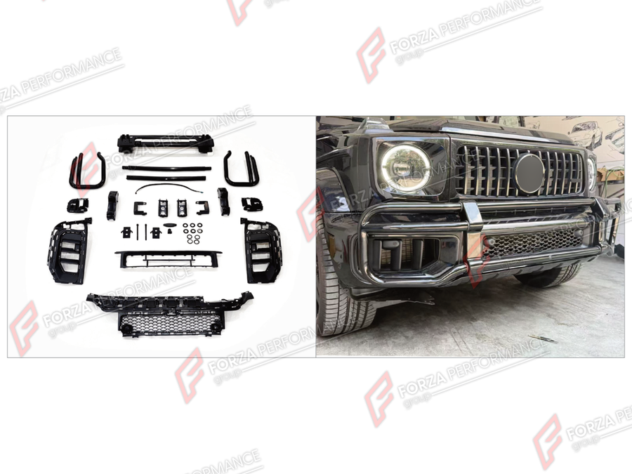 Buy Now CONVERSION FRONT BUMPER BULL BAR for MERCEDES-BENZ G-CLASS W464 2019 - 2024 UPGRADE to G-CLASS W465 G63 2025+ and upgrade car parts from SIR Tuning at the Best Price. Headlights, Tail lights, Bodykits, Navigations, Body Kit and more - Fast & Free Shipping within Europe, US & Worldwide.