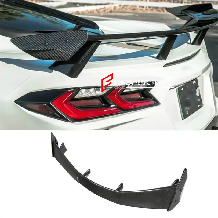 Buy Now CARBON FIBER REAR SPOILER FOR CHEVROLET CORVETTE C8 2020+ | Z51 STYLE and upgrade car parts from SIR Tuning at the Best Price. Headlights, Tail lights, Bodykits, Navigations, body kit and more - Fast & Free Shipping within Europe, US & Worldwide.
