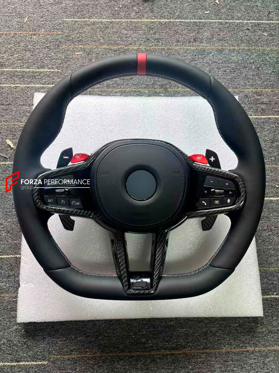 Buy Now CUSTOM CARBON STEERING WHEEL with PADDLE SHIFTERS for BMW M5 F90 and upgrade car parts from SIR Tuning at the Best Price. Headlights, Tail lights, Bodykits, Navigations, steering wheel and more - Fast & Free Shipping within Europe, US & Worldwide.