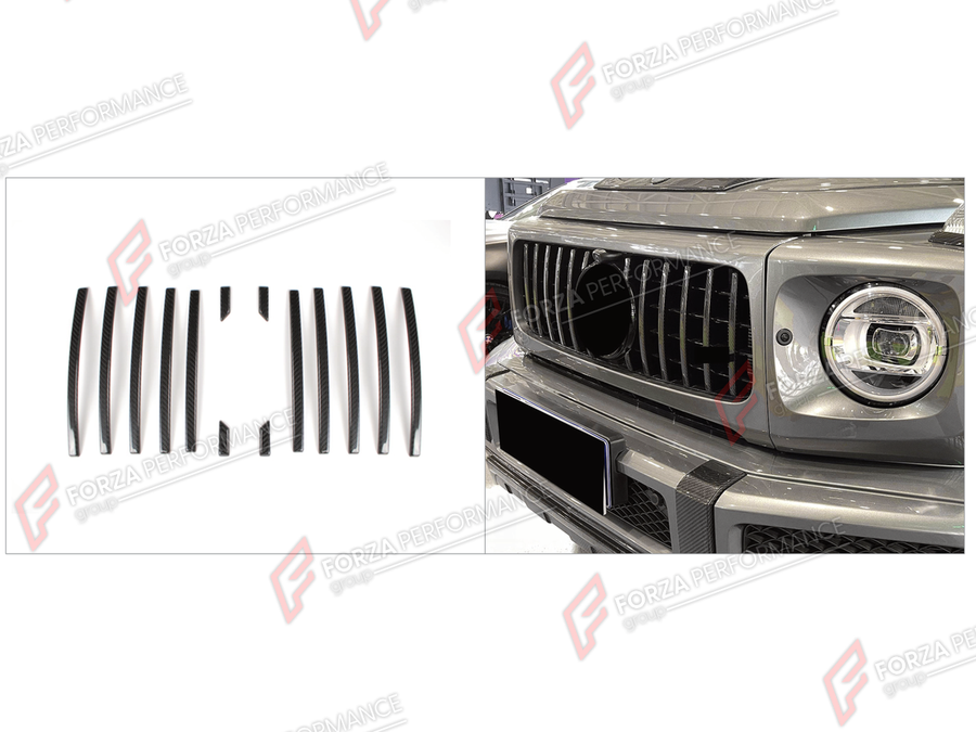 Buy Now DRY CARBON FRONT GRILLE TRIM STRIPS for MERCEDES-BENZ G-CLASS W464 2019 - 2024 and upgrade car parts from SIR Tuning at the Best Price. Headlights, Tail lights, Bodykits, Navigations, Body Kit and more - Fast & Free Shipping within Europe, US & Worldwide.