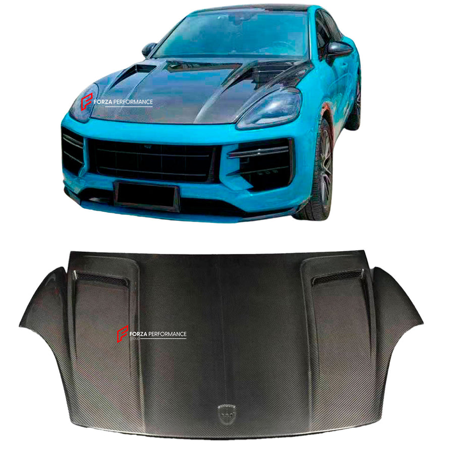 Buy Now DRY CARBON HOOD BONNET for PORSCHE CAYENNE E3 9Y0 9YA SUV FACELIFT 2023+ and upgrade car parts from SIR Tuning at the Best Price. Headlights, Tail lights, Bodykits, Navigations, Carbon body kit and more - Fast & Free Shipping within Europe, US & Worldwide.