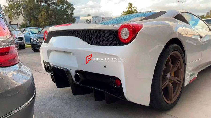 Buy Now DRY CARBON REAR BUMPER with REAR DIFFUSER for FERRARI 458 SPECIALE 2013 - 2015 and upgrade car parts from SIR Tuning at the Best Price. Headlights, Tail lights, Bodykits, Navigations, Carbon body kit and more - Fast & Free Shipping within Europe, US & Worldwide.