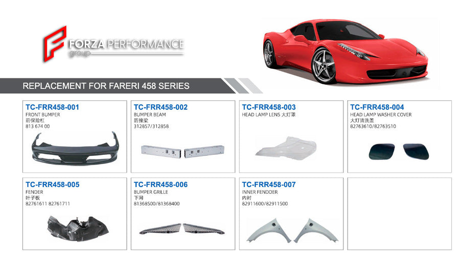 Buy Now FRONT BUMPER AND SIDE FENDERS for FERRARI 458 and upgrade car parts from SIR Tuning at the Best Price. Headlights, Tail lights, Bodykits, Navigations, body kit and more - Fast & Free Shipping within Europe, US & Worldwide.