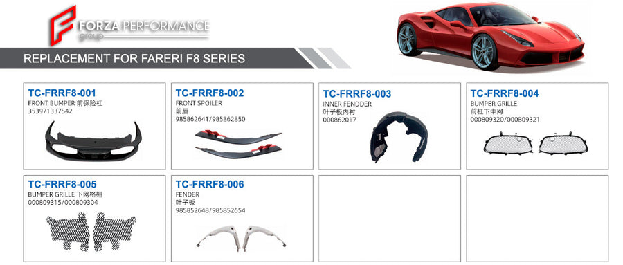 Buy Now FRONT BUMPER AND SIDE FENDERS for FERRARI F8 and upgrade car parts from SIR Tuning at the Best Price. Headlights, Tail lights, Bodykits, Navigations, body kit and more - Fast & Free Shipping within Europe, US & Worldwide.