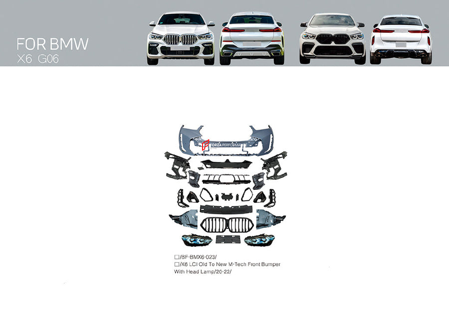 Buy Now CONVERSION FRONT BUMPER GRILLE WITH HEADLIGHTS for BMW X6 G06 2019 - 2023 UPGRADE to X6 G06 LCI FACELIFT 2023+ M-TECH STYLE and upgrade car parts from SIR Tuning at the Best Price. Headlights, Tail lights, Bodykits, Navigations, body kit and more - Fast & Free Shipping within Europe, US & Worldwide.