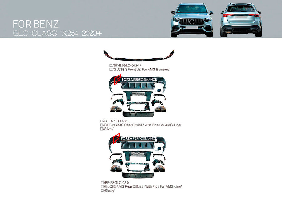Buy Now FRONT LIP and REAR DIFFUSER with EXHAUST TIPS for MERCEDES BENZ GLC CLASS X254 AMG LINE UPGRADE to AMG X254 GLC63 GLC63S 2023+ and upgrade car parts from SIR Tuning at the Best Price. Headlights, Tail lights, Bodykits, Navigations, body kit and more - Fast & Free Shipping within Europe, US & Worldwide.