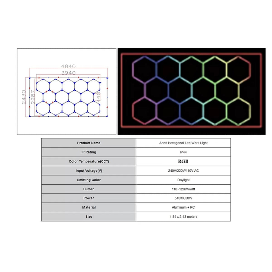 Hexagon HoneyComb Ceiling LED Light System 4.84 x 2.43m RGB Light – product image 1