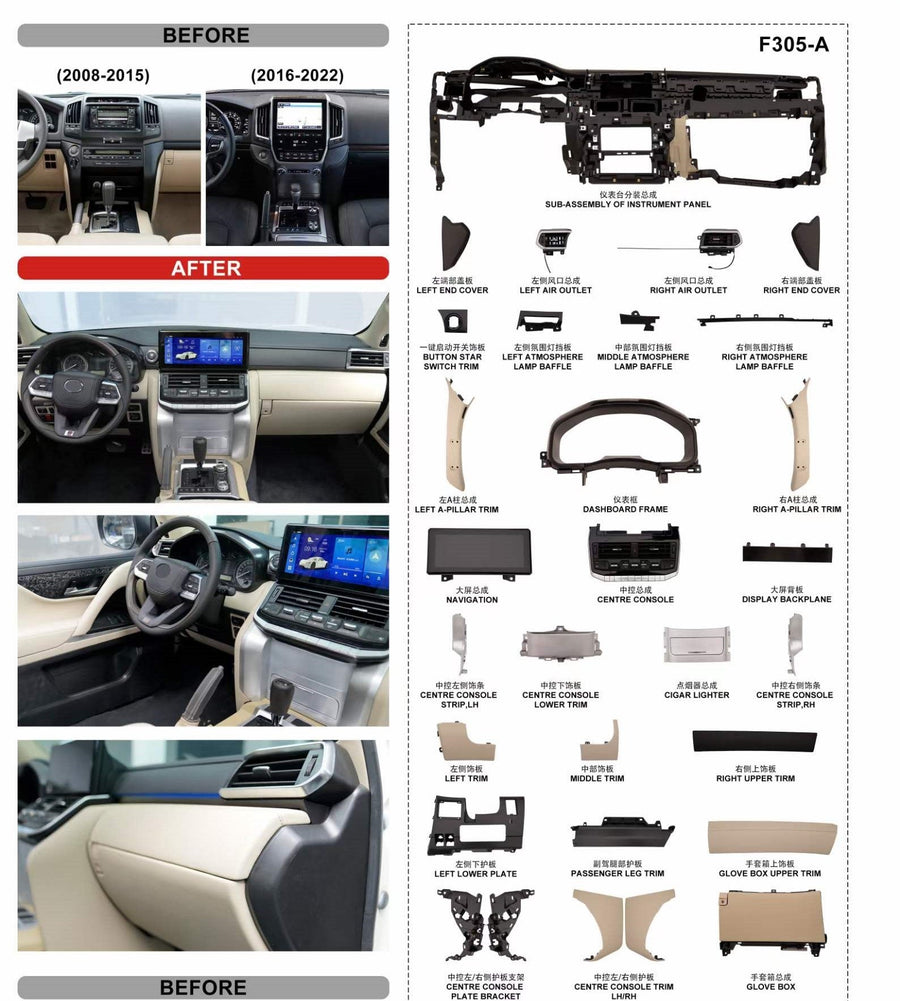 Buy Now INTERIOR UPGRADE KIT FOR TOYOTA LAND CRUISER 200 LC200 UPGRADE TO LAND CRUISER 300 LC300 and upgrade car parts from SIR Tuning at the Best Price. Headlights, Tail lights, Bodykits, Navigations, body kit and more - Fast & Free Shipping within Europe, US & Worldwide.
