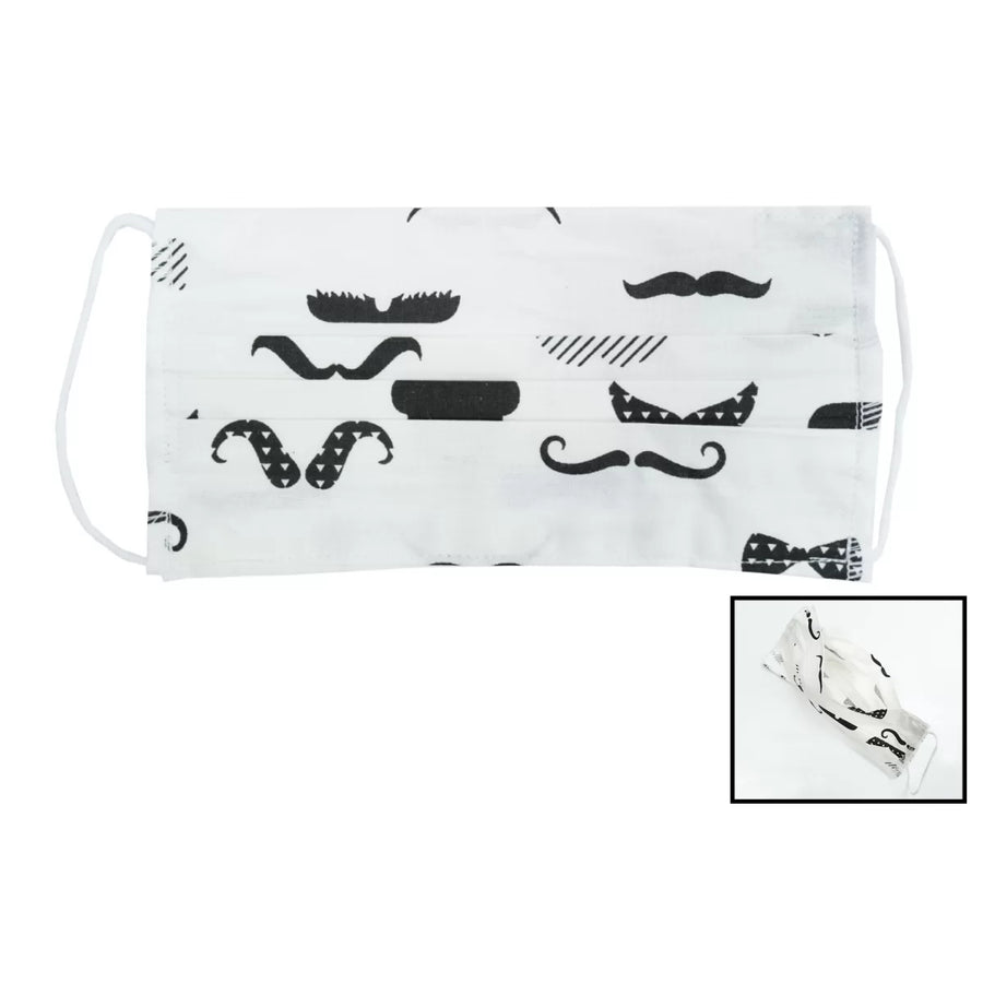 Package of 5 white with mustaches Reusable Masks with Folds 100% Cotton 2 Layers Unisex Washable 5 Filters PPS 330 Microns –