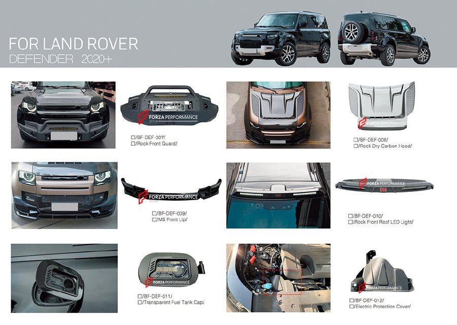 Buy Now PARTS for LAND ROVER DEFENDER L663 2019+ FRONT BUMPER GUARD FRONT LIP FUEL TANK CAP HOOD ROOF LED DRL BAR ELECTRIC PROTECTION COVER and upgrade car parts from SIR Tuning at the Best Price. Headlights, Tail lights, Bodykits, Navigations, Carbon body kit and more - Fast & Free Shipping within Europe, US & Worldwide.