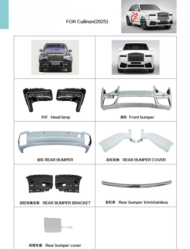 Buy Now REPLACEMENT HEADLIGHTS FRONT REAR BUMPER for ROLLS ROYCE CULLINAN 2025 SERIES II FACELIFT and upgrade car parts from SIR Tuning at the Best Price. Headlights, Tail lights, Bodykits, Navigations, body kit and more - Fast & Free Shipping within Europe, US & Worldwide.