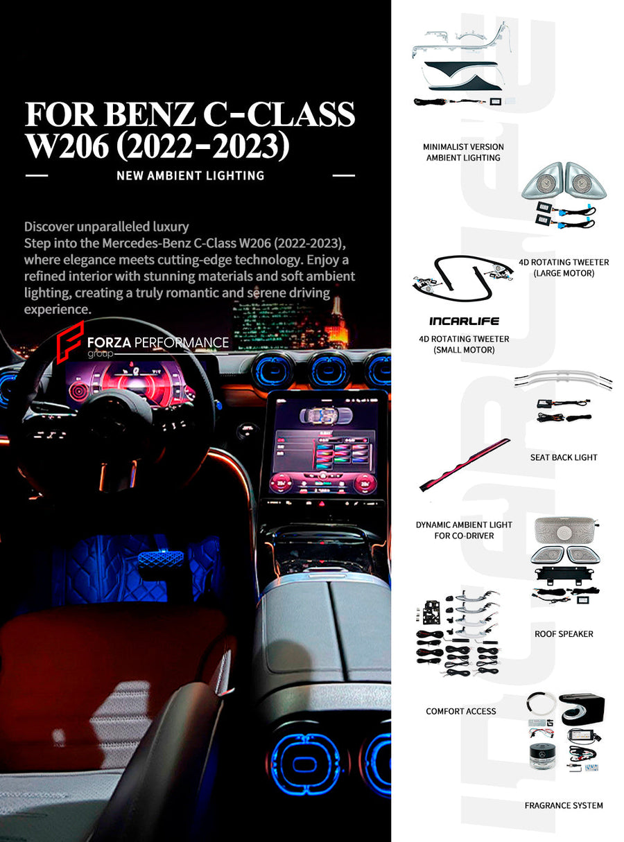 Buy Now SPEAKER COVERS AIR VENTS FRAGRANCE SYSTEM WITH AMBIENT LIGHTS for MERCEDES-BENZ C CLASS W206 2021+ and upgrade car parts from SIR Tuning at the Best Price. Headlights, Tail lights, Bodykits, Navigations, body kit and more - Fast & Free Shipping within Europe, US & Worldwide.