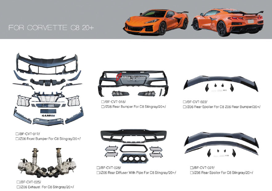 Buy Now BODY PARTS FOR CHEVROLET CORVETTE STINGRAY C8 2020+ | Z06 STYLE and upgrade car parts from SIR Tuning at the Best Price. Headlights, Tail lights, Bodykits, Navigations, body kit and more - Fast & Free Shipping within Europe, US & Worldwide.