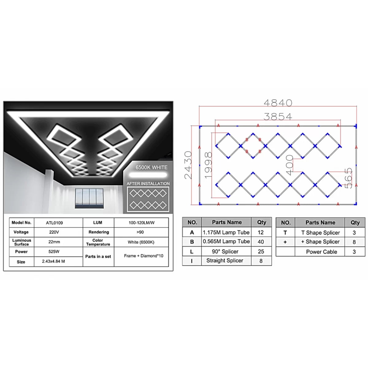10 Square Ceiling LED Light System 4.84 x 2.43 m 6500K Dimmable Light – product image 1