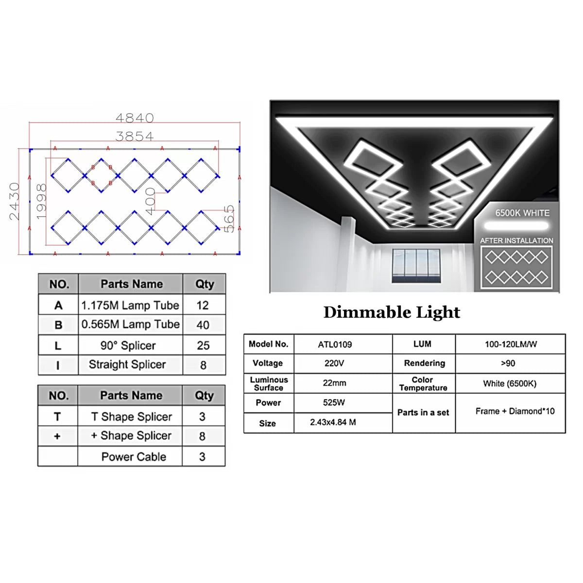 10 Square Ceiling LED Light System 4.84 x 2.43 m 6500K Dimmable Light – product image 1