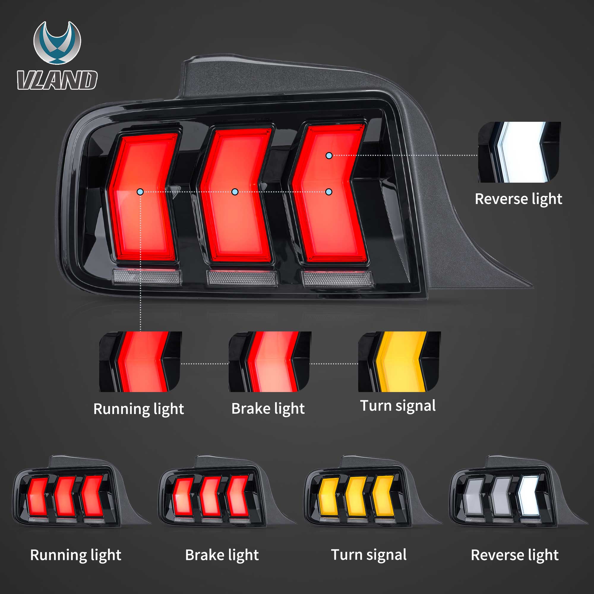 2005-2009 Ford Mustang 5th Gen S197 Vland LED Tail Lights Amber Sequential Turn Signal