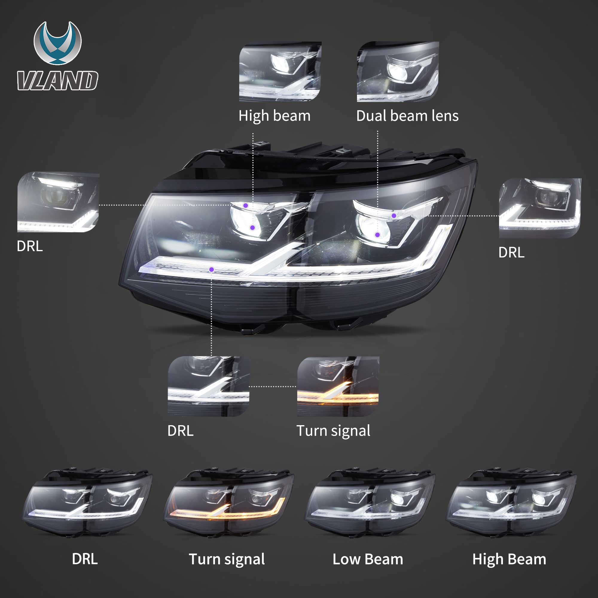 VW Transporter T6 2015-2019 Vland LED Headlights [E-mark]