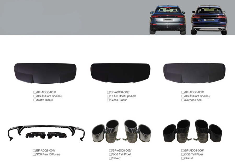 Buy Now REAR ROOF SPOILER REAR DIFFUSER WITH EXHAUST TIPS for AUDI Q8 4M 2019 - 2023 | SQ8 4M 2019 - 2024 | RSQ8 SQ8 STYLE and upgrade car parts from SIR Tuning at the Best Price. Headlights, Tail lights, Bodykits, Navigations, body kit and more - Fast & Free Shipping within Europe, US & Worldwide.