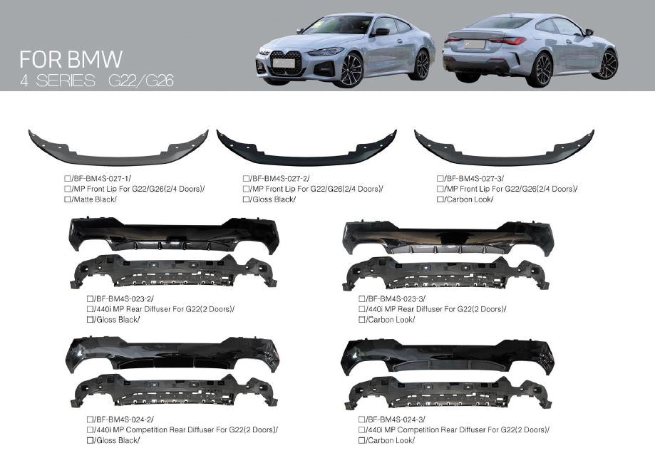 Buy Now BODY KIT PARTS FOR BMW 4 SERIES G22 G26 2020+ and upgrade car parts from SIR Tuning at the Best Price. Headlights, Tail lights, Bodykits, Navigations, body kit and more - Fast & Free Shipping within Europe, US & Worldwide.