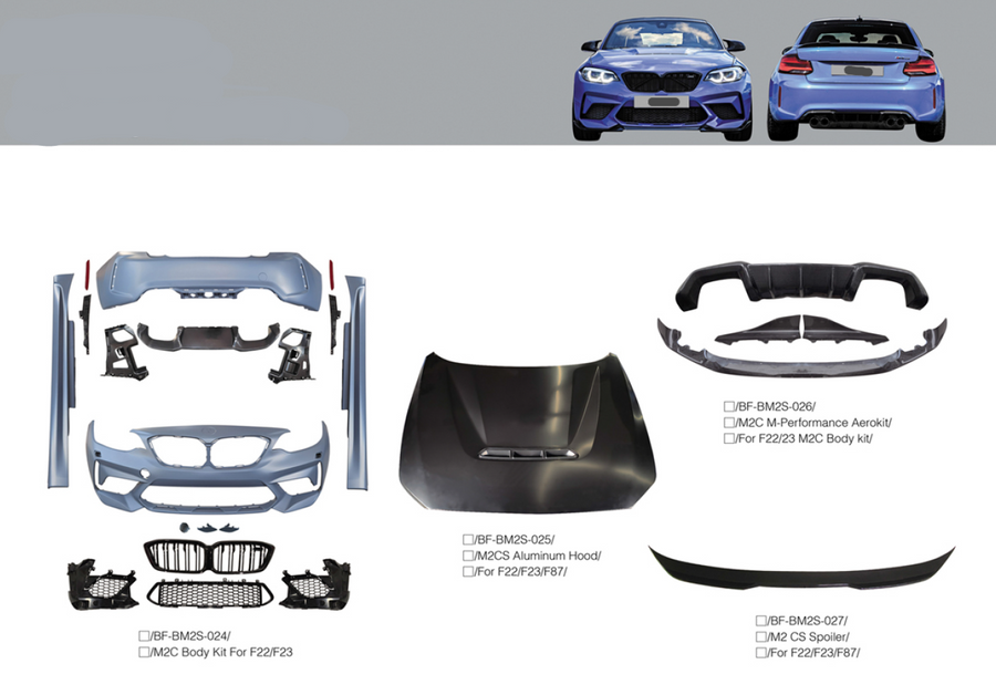 Buy Now BODY KIT for BMW 2 SERIES F22/F23/F87 M2CS Hood, M2 CS SPOILER, M2C AEROKIT and upgrade car parts from SIR Tuning at the Best Price. Headlights, Tail lights, Bodykits, Navigations, body kit and more - Fast & Free Shipping within Europe, US & Worldwide.