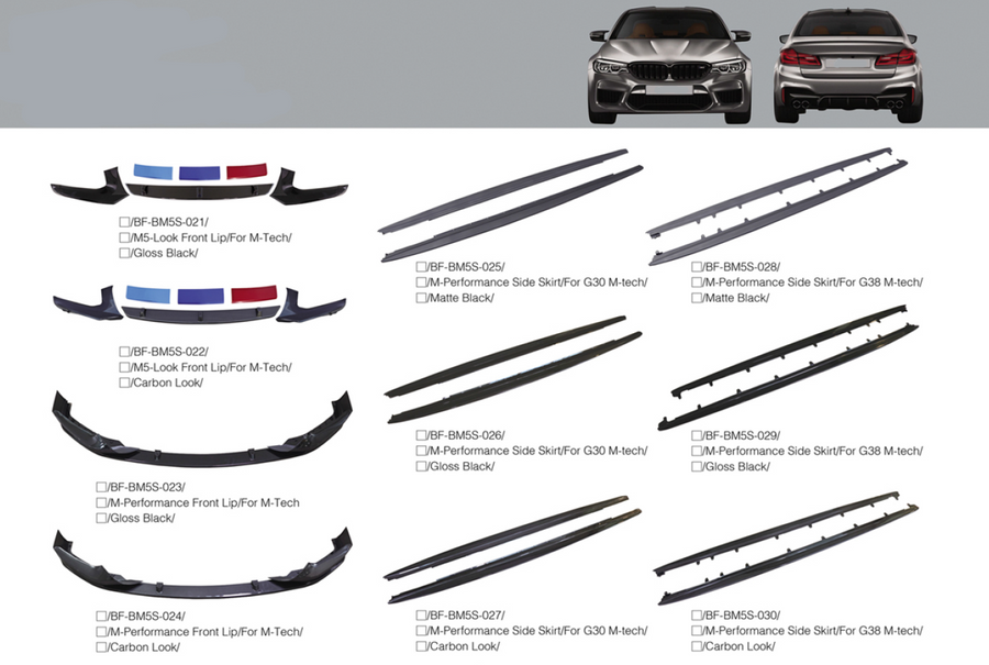 Buy Now BODY KIT for BMW 5 Series 2017+ G30 | G38 Parts Diffuser, Lips, Spoiler and upgrade car parts from SIR Tuning at the Best Price. Headlights, Tail lights, Bodykits, Navigations, body kit and more - Fast & Free Shipping within Europe, US & Worldwide.